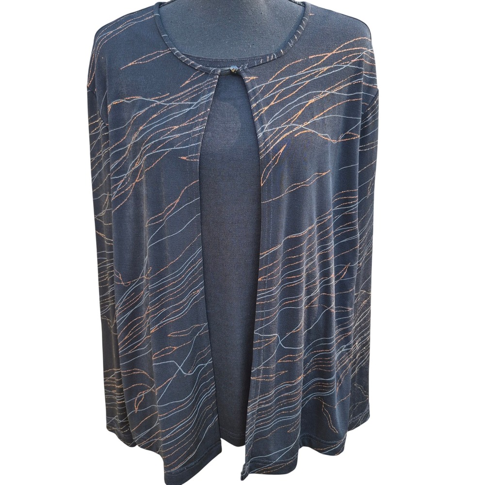 Black Metallic Christie & Jill Layered  Blouse Top Womens Large Abstract Stretch